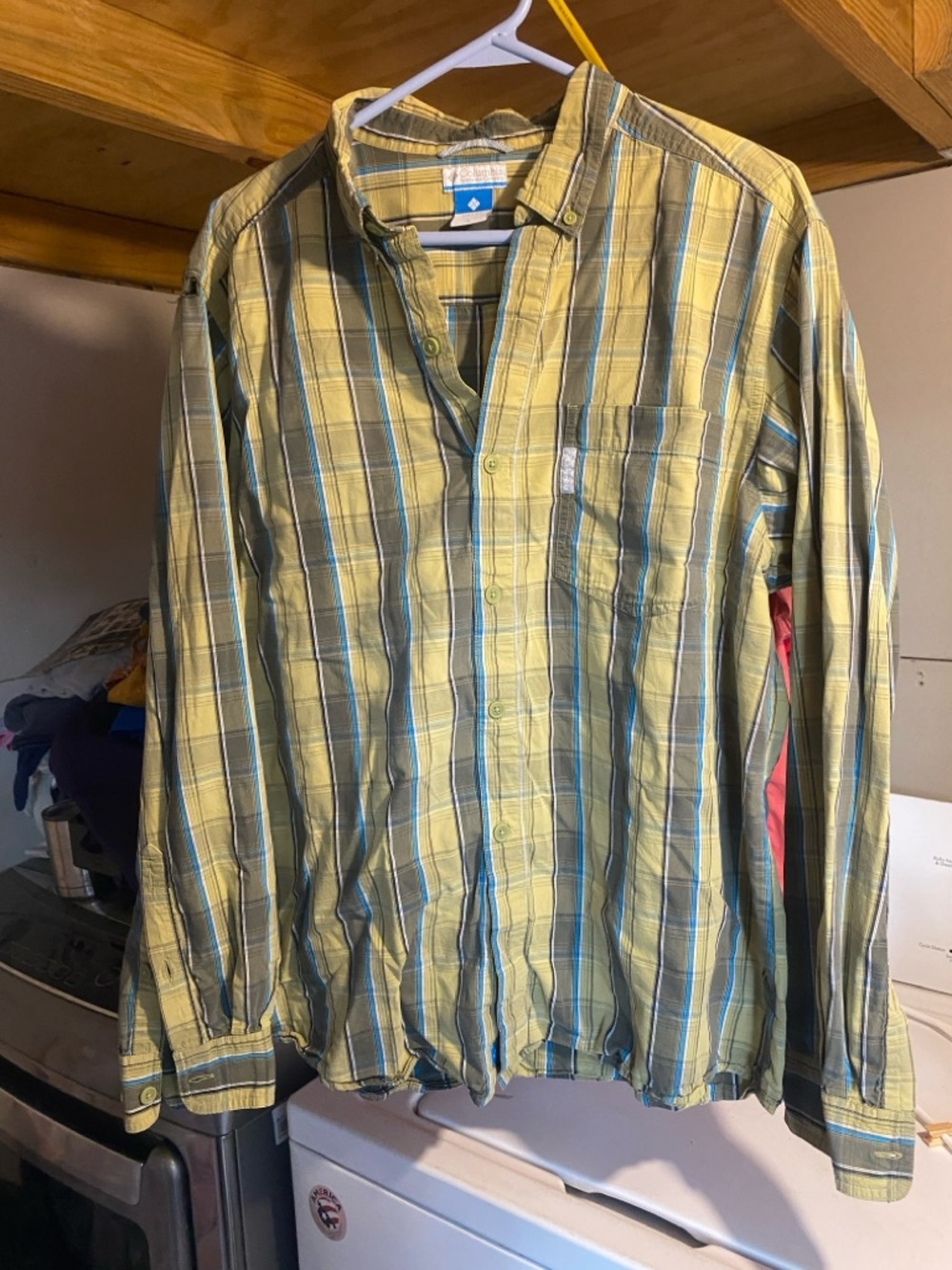 Columbia Yellow Plaid Button-Up Shirt with Blue Accents